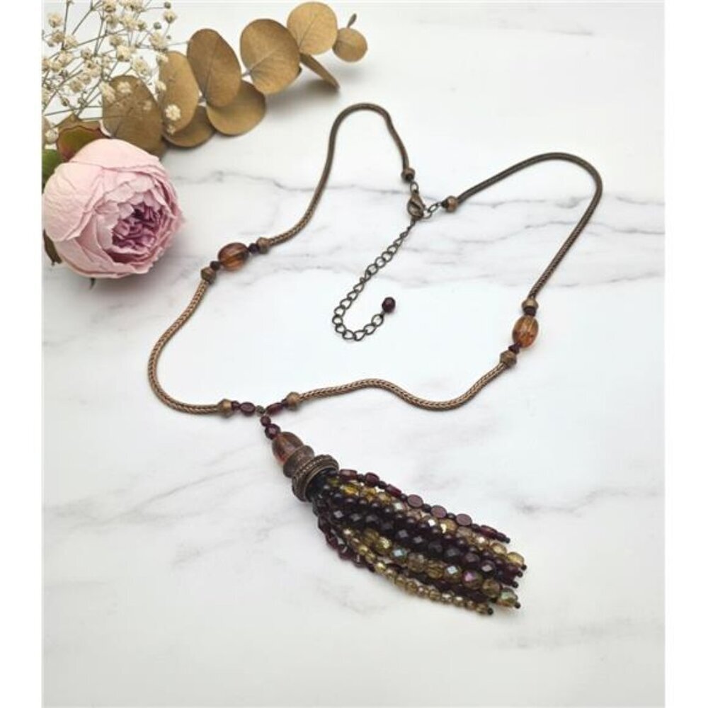 Artisan Glass Tassel Necklace Faux Amber Copper Snake Chain 28 In Adj